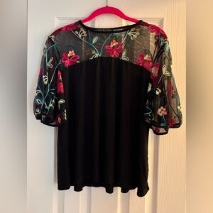 Kim & Cami Black Top with Colorful Floral Embroidery